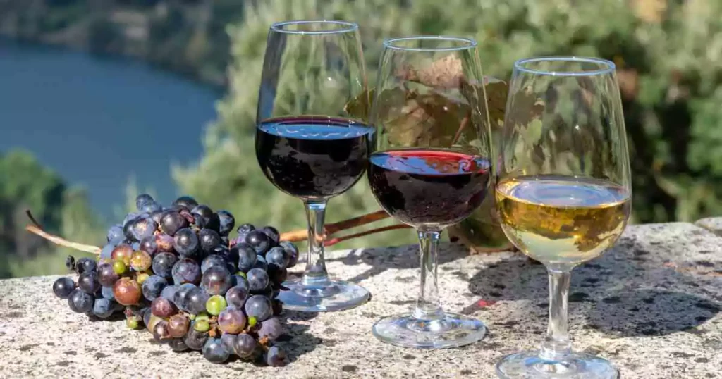 Taças de Vinho do Porto em cima de um muro próximas ao Rio Douro, em Portugal.