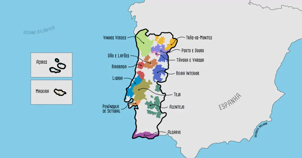 Mapa das 14 regiões vinícolas portuguesas