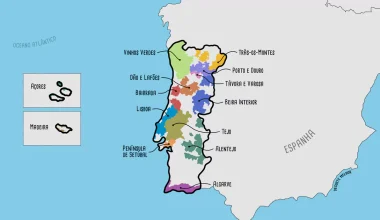 Mapa das 14 regiões vinícolas portuguesas