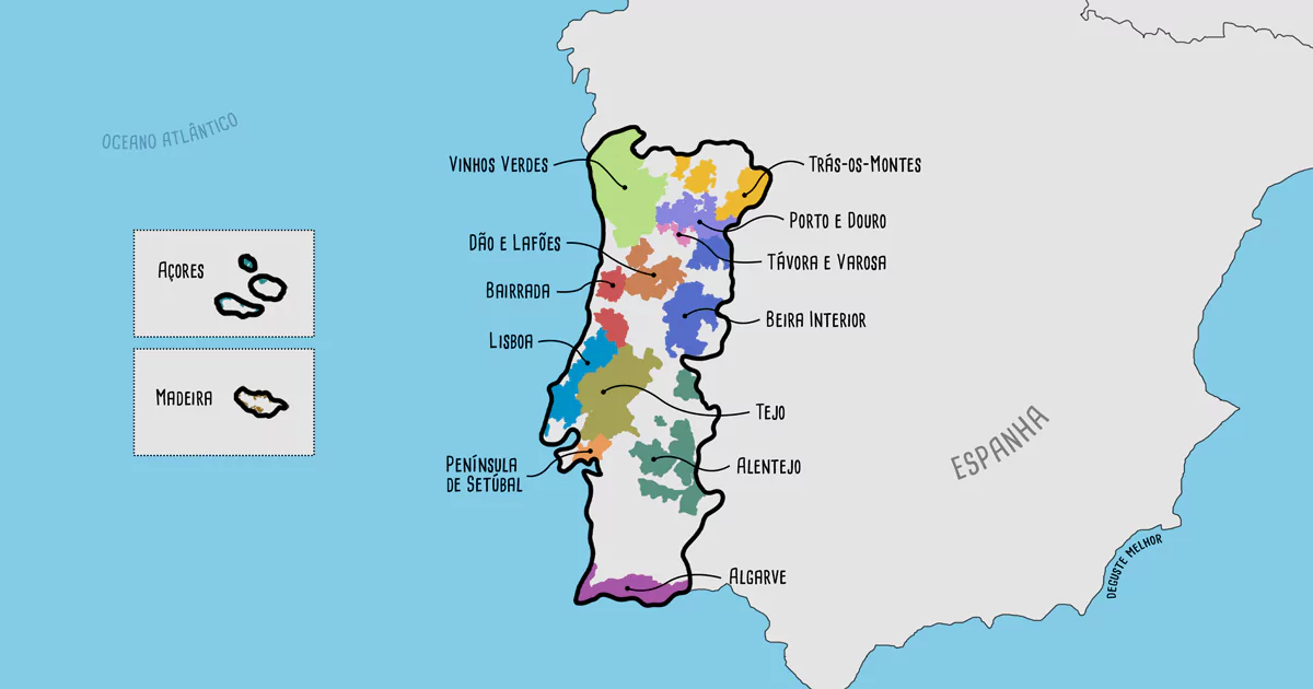 Mapa das 14 regiões vinícolas portuguesas