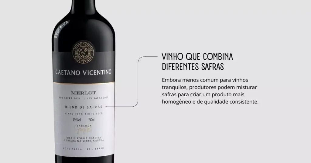 Vinho que mostra os diferentes anos de colheita das uvas no rótulo